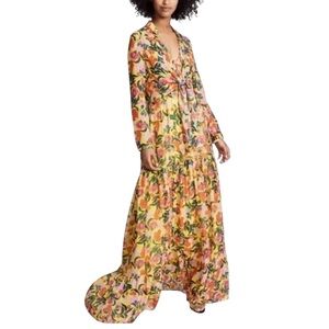 Saloni, Alexia Dress Floral Yellow Silk  Maxi